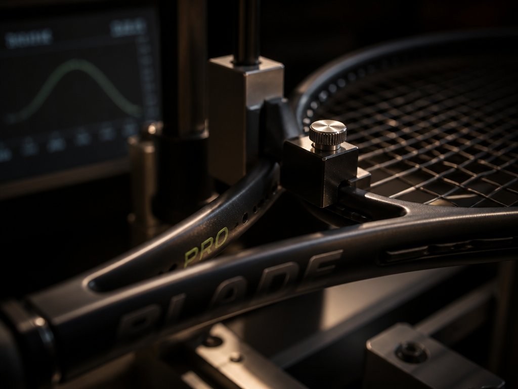 Close-up macro photograph of a tennis racquet mounted on a diagnostic measurement machine in…