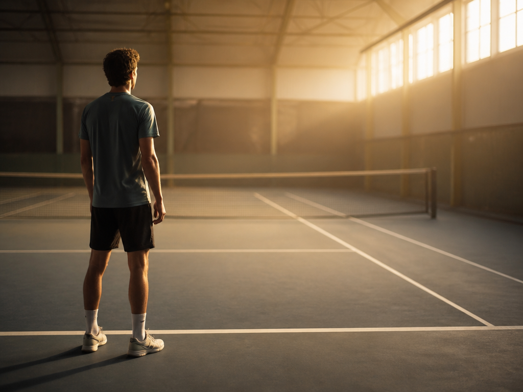 A tennis player standing thoughtfully at the baseline of an empty indoor court during…