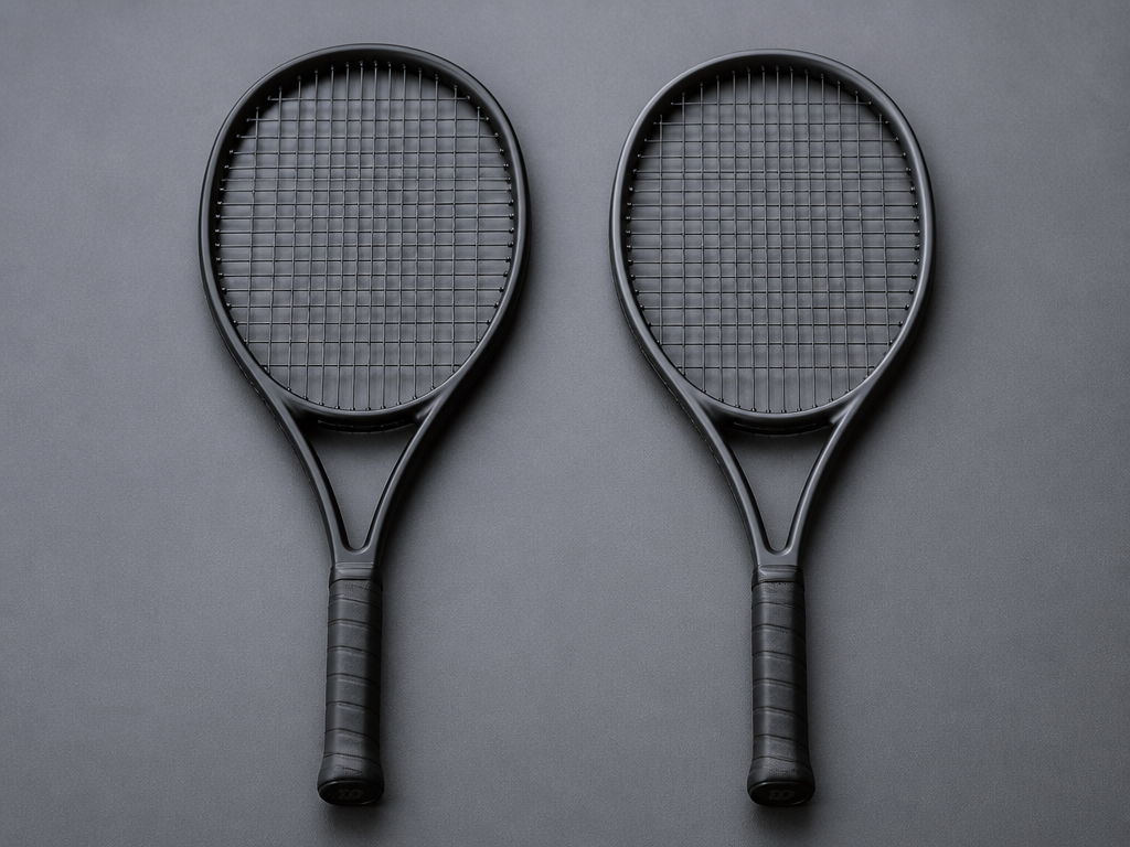 Two nearly identical black tennis racquets laid side by side on a clean matte…