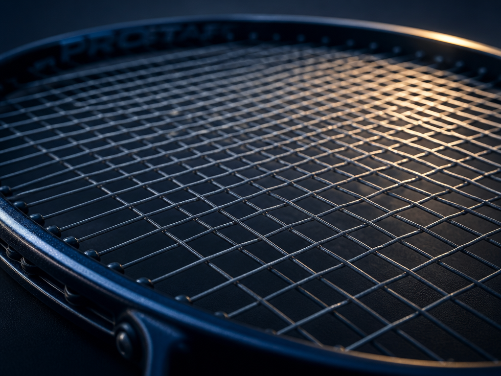 Extreme macro photograph of a freshly strung tennis racquet lying on a dark neutral…