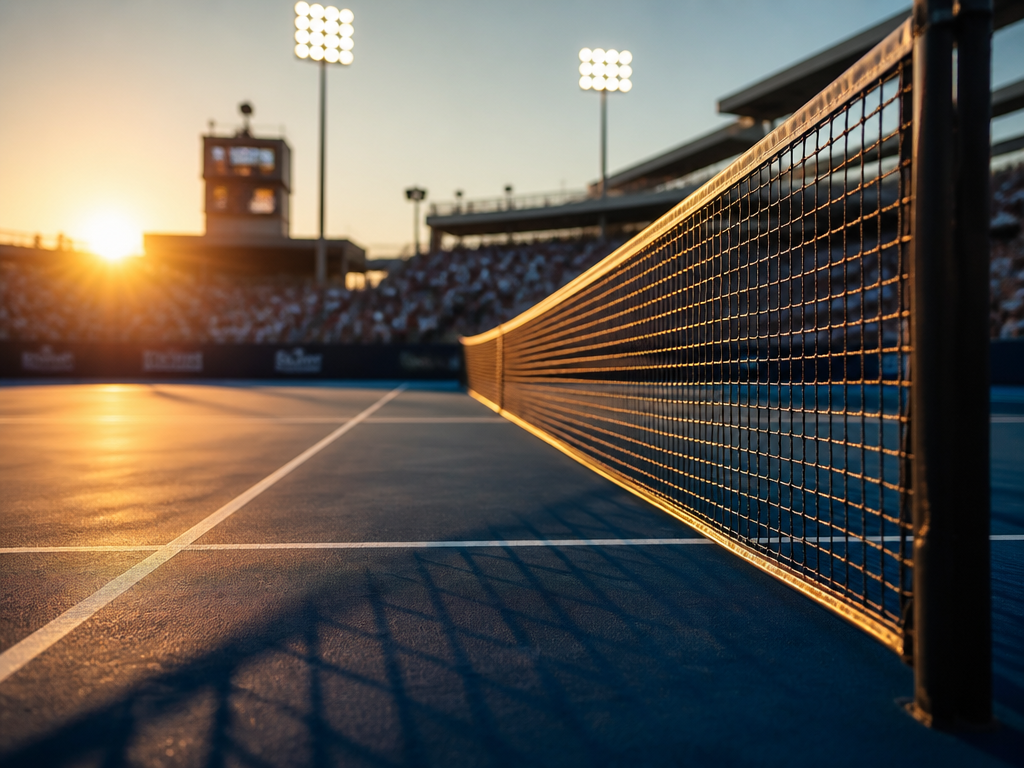 A dramatic low-angle photograph of an empty professional tennis court at golden hour, captured…