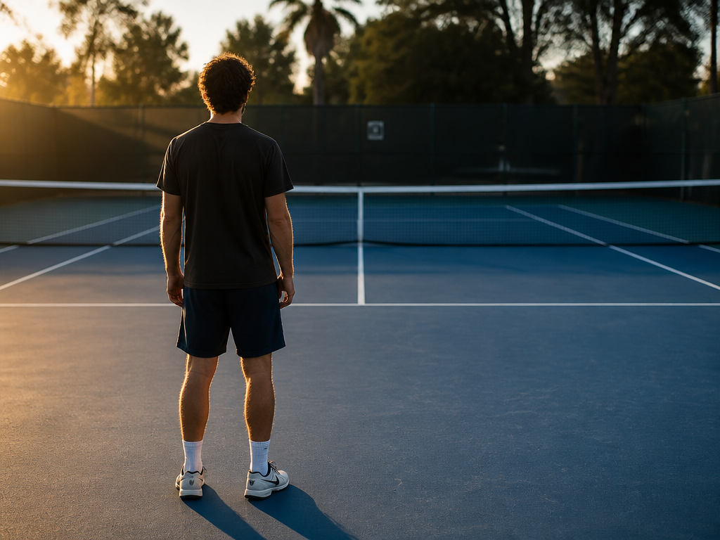 A candid photograph of a recreational tennis player standing alone on an outdoor hard…