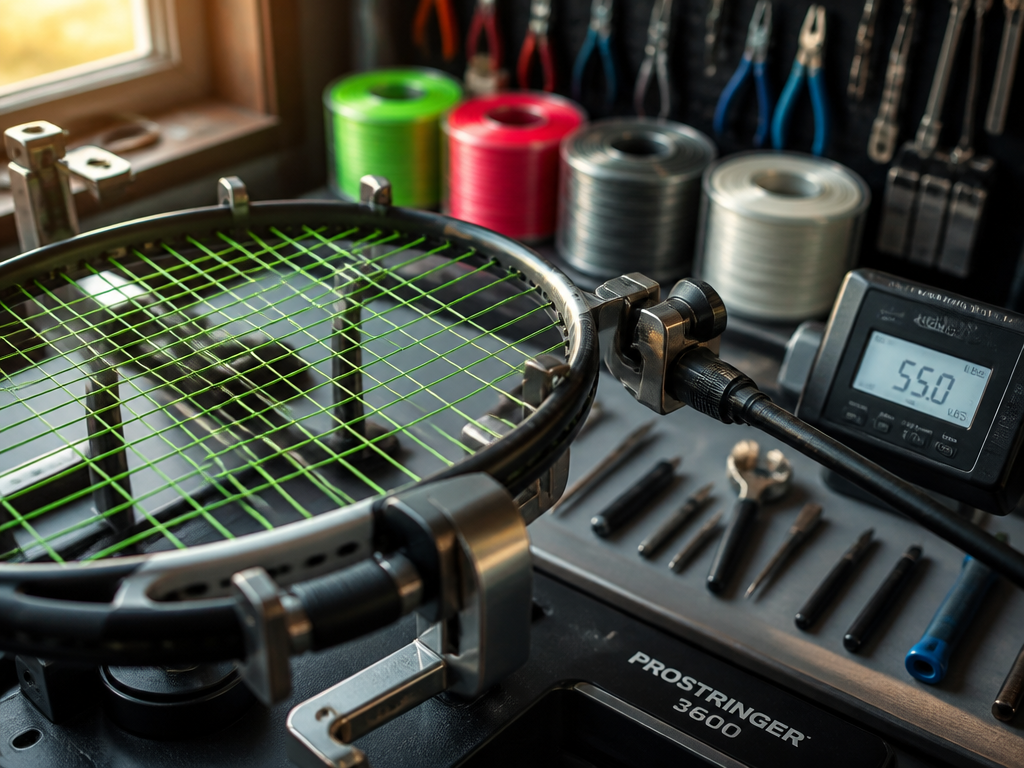 A close-up macro photograph of a professional racquet technician's workbench, focused on a tennis…
