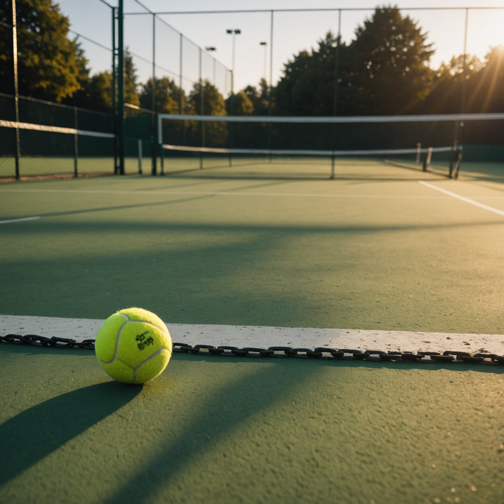 A photorealistic wide shot of an empty sunlit hard tennis court at golden hour…