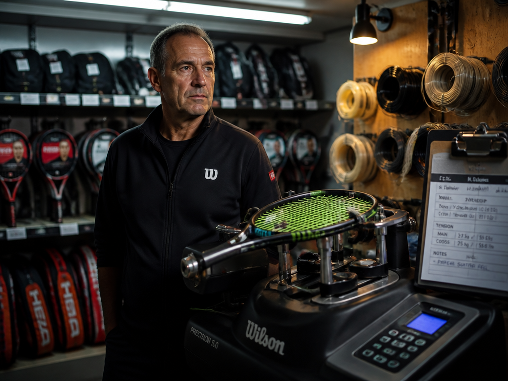 A professional tennis stringing room backstage at a major tournament, photographed in cinematic documentary…