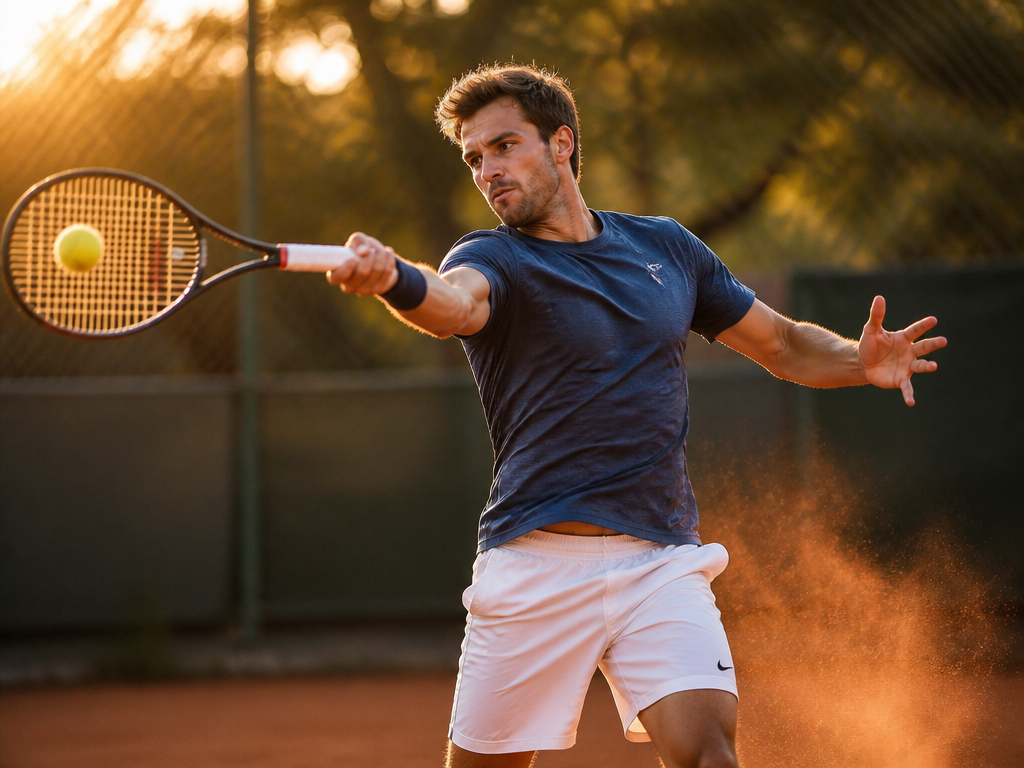 An intermediate-level recreational tennis player mid-forehand swing on an outdoor court at golden hour…