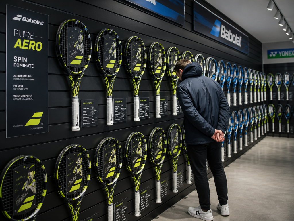 A specialty tennis shop demo wall lined with rows of nearly identical racquets under…