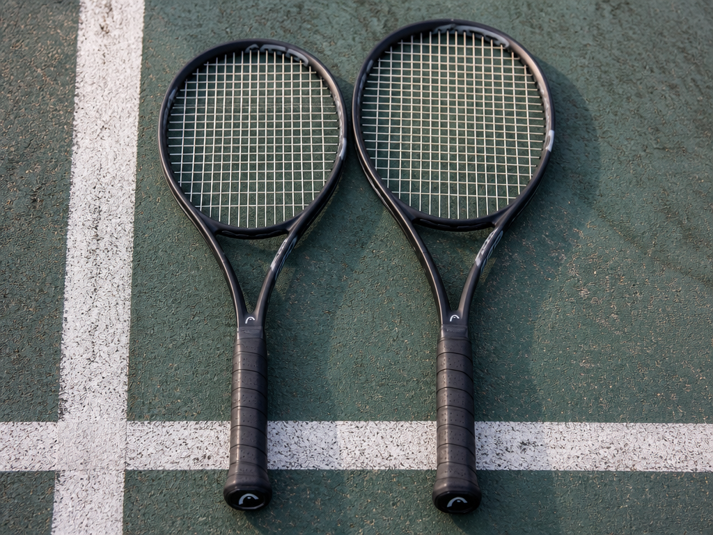 Close-up product photography of two tennis racquets lying side by side on a weathered…
