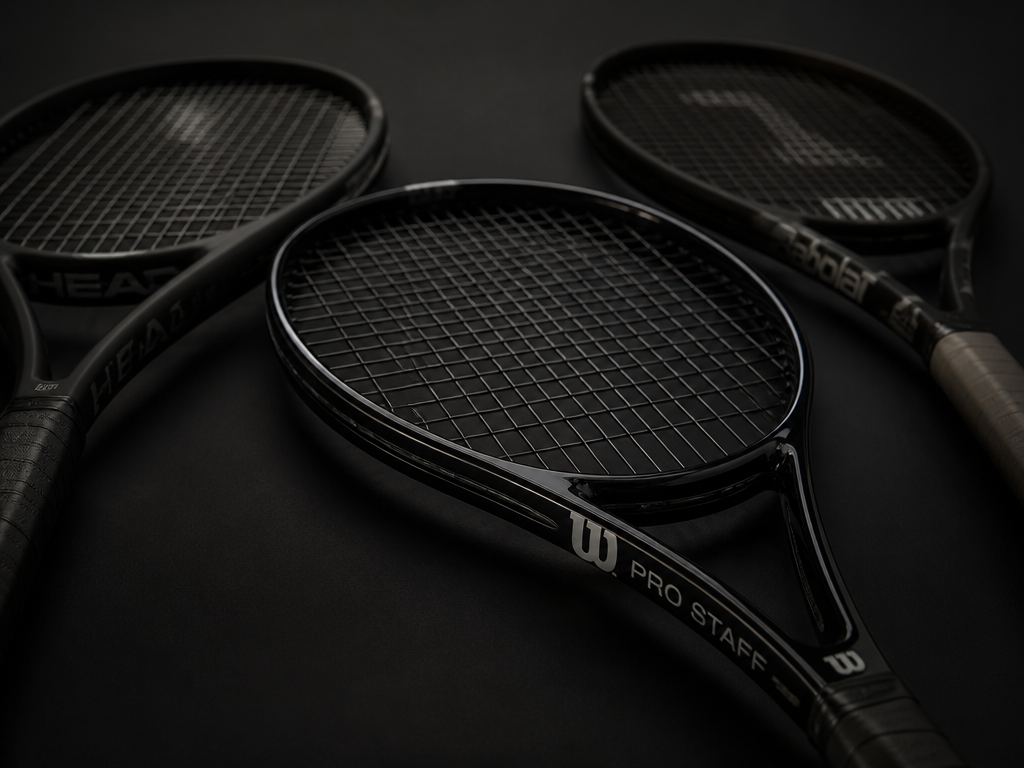 A moody, editorial-style studio photograph of a modern control-oriented tennis racquet with a glossy…