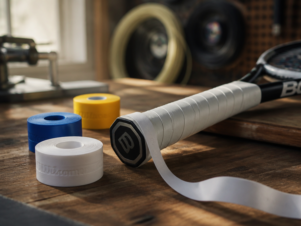 A close-up photorealistic shot of a tennis racquet handle resting on a workbench in…
