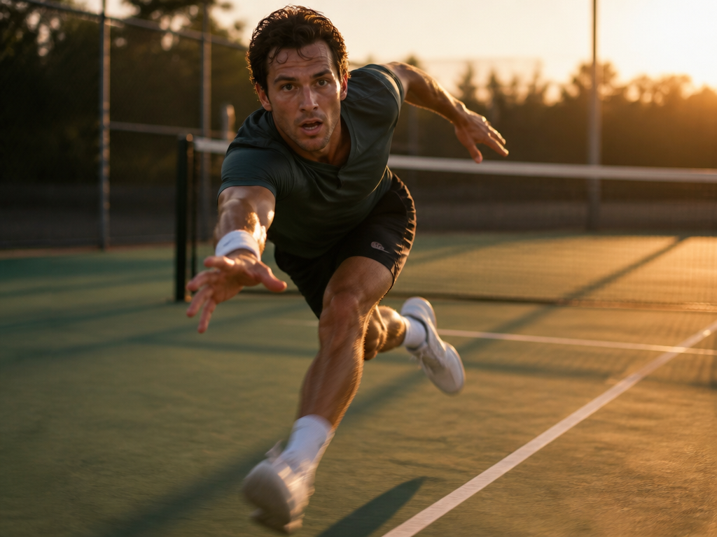 A dynamic action photograph of a male tennis player mid-sprint lunging toward the baseline…