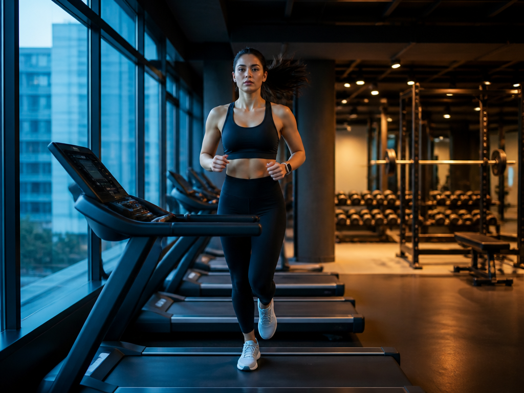 A split-scene editorial photograph inside a modern gym at dawn: in the sharp foreground…