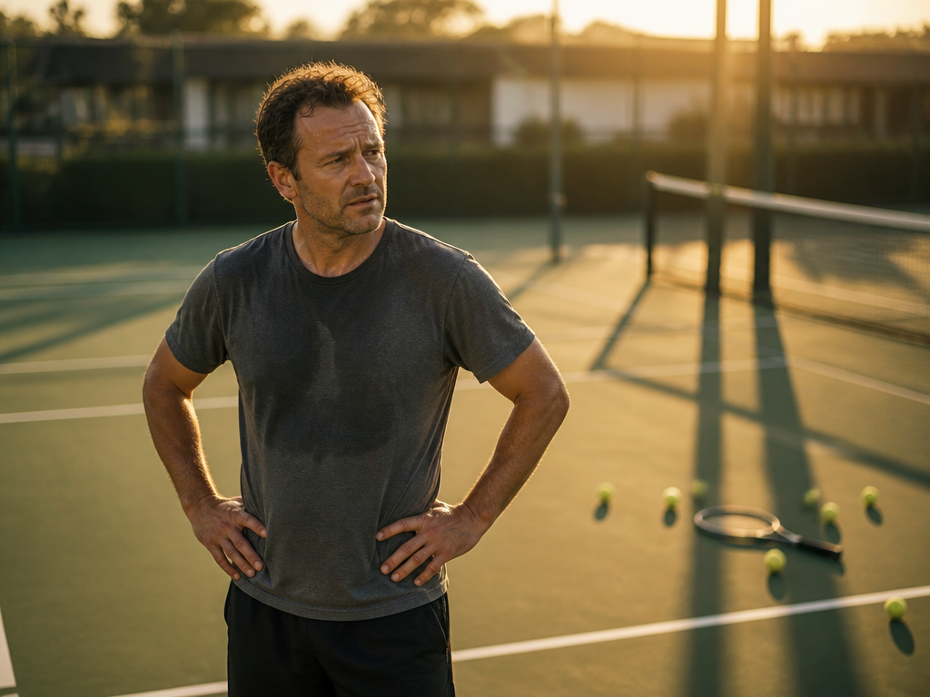 A late-afternoon editorial photograph of a middle-aged recreational tennis player standing alone at the…
