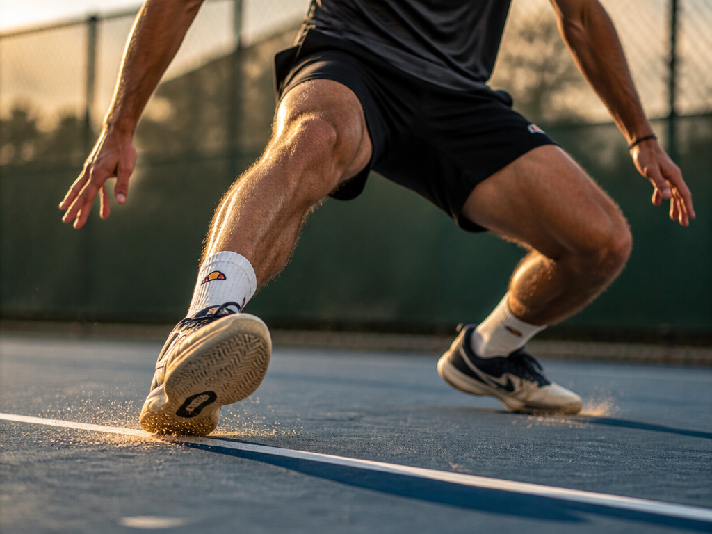 A low-angle, ground-level photograph on an outdoor hard tennis court at golden hour, capturing…