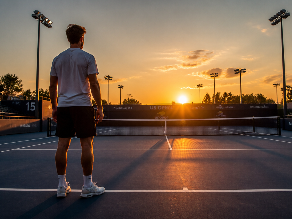A mid-level club tennis player standing at the baseline of an outdoor hard court…