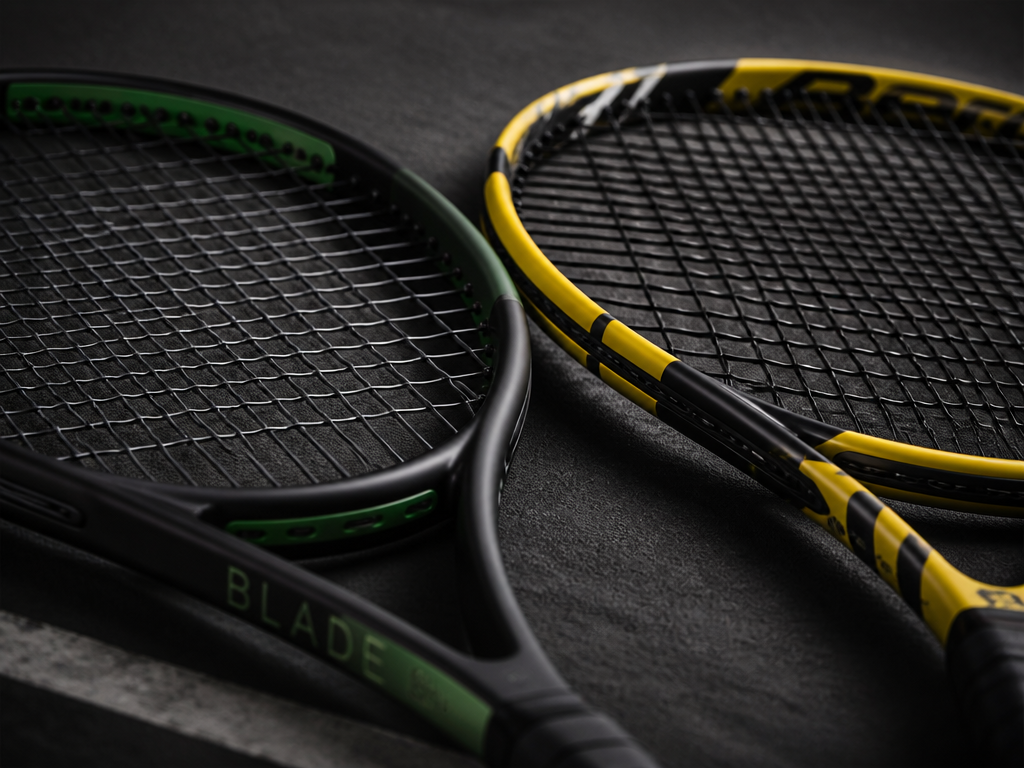 Close-up studio product photograph of two modern tennis racquets lying side by side on…