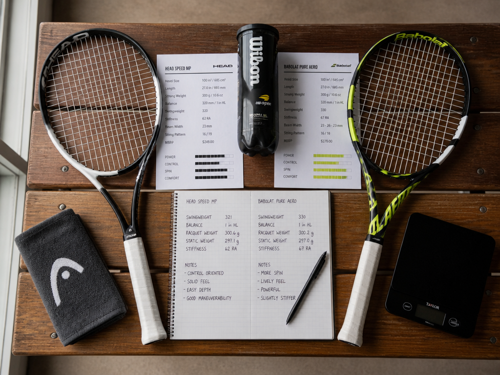 Overhead flat-lay photograph of a tennis gear comparison scene: two racquets angled symmetrically on…
