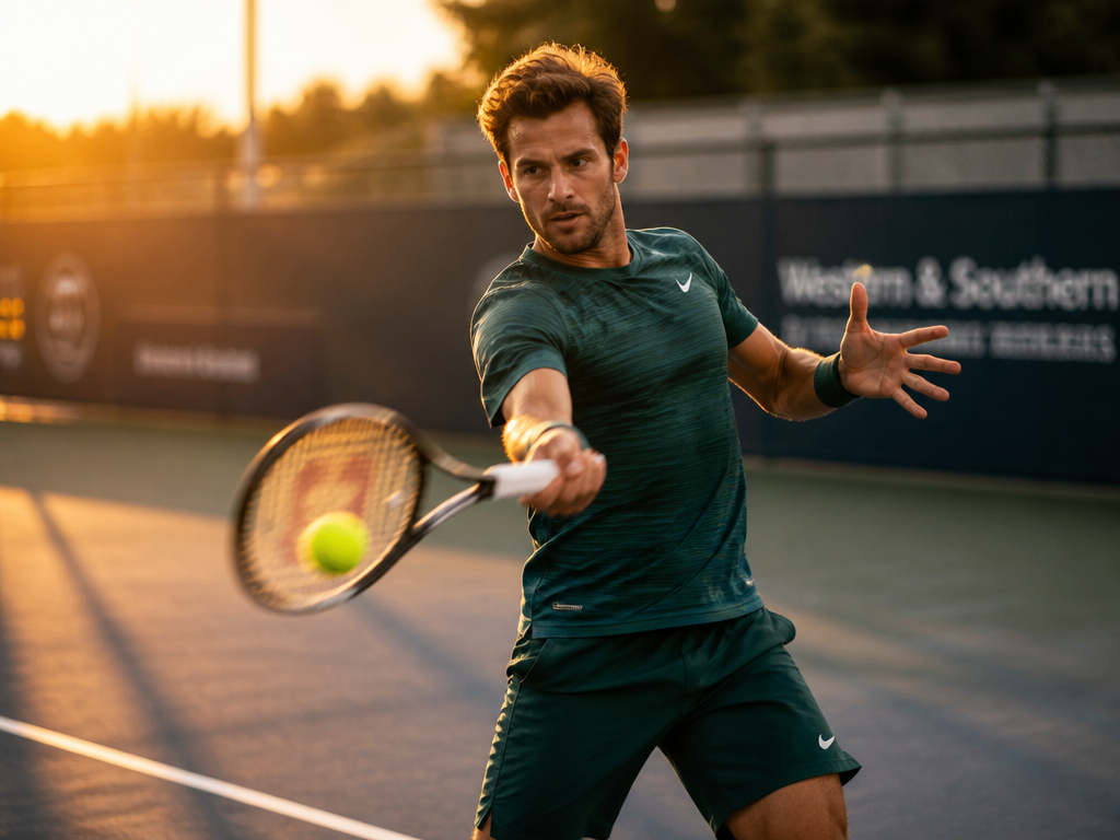 A male tennis player in his 30s at the peak of a topspin forehand…