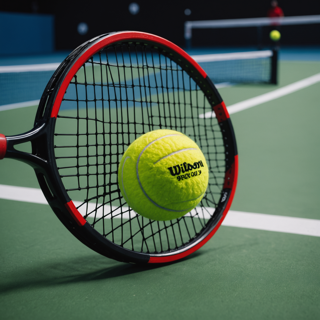 A close-up product photograph of a black Wilson Pro Staff 97 tennis racquet resting…