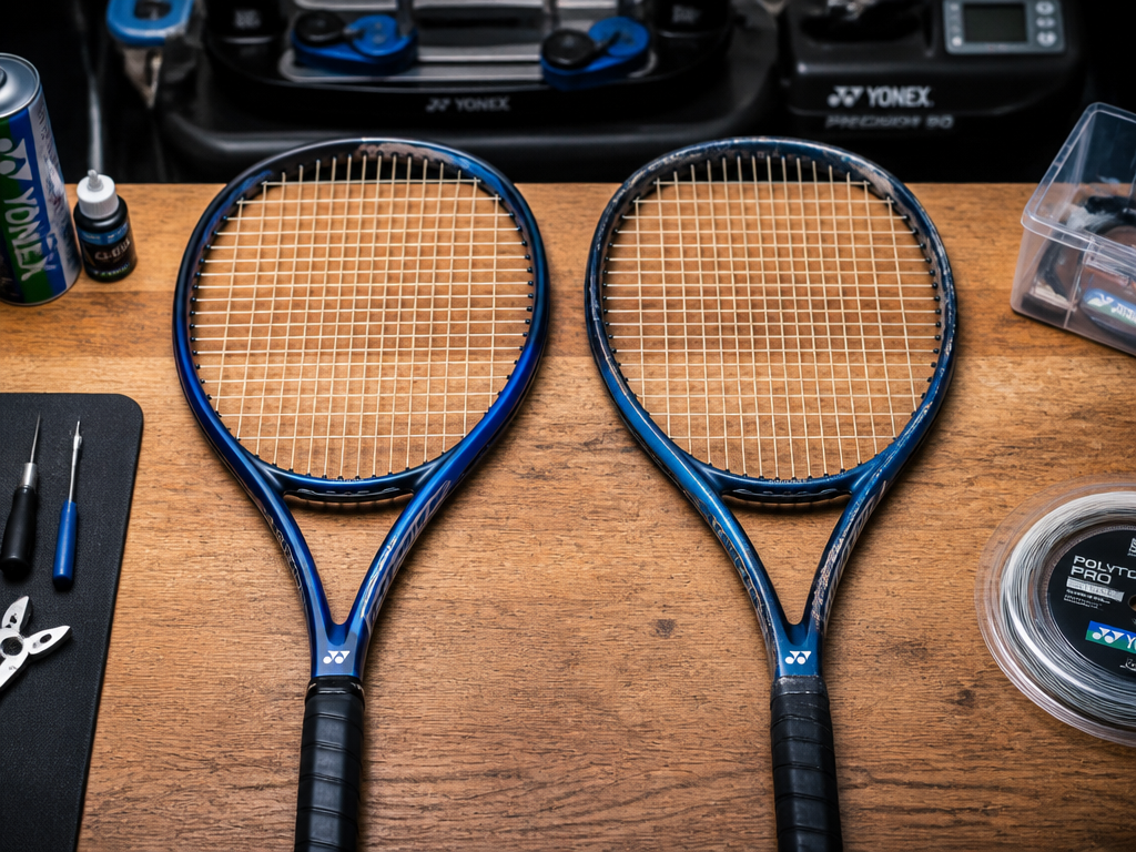 Two tennis racquets — a newer generation and a slightly worn older one —…