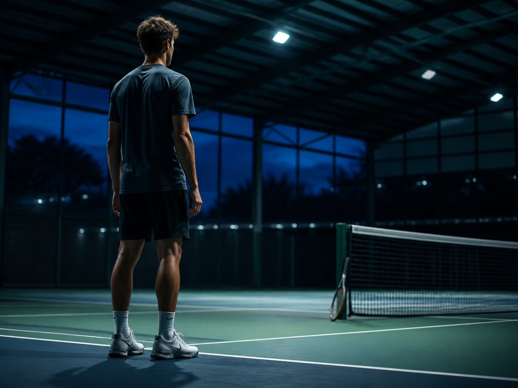 An intermediate-level tennis player standing at the baseline of an indoor club court at…