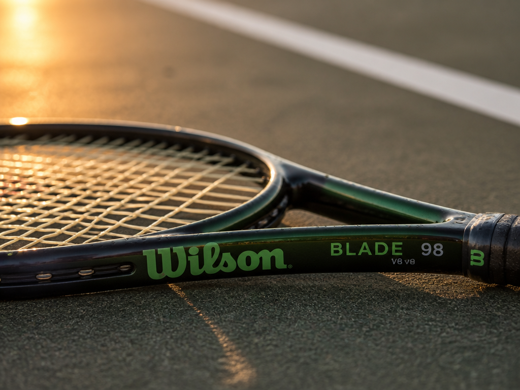 Close-up product photography of a Wilson Blade 98 tennis racquet in signature green and…