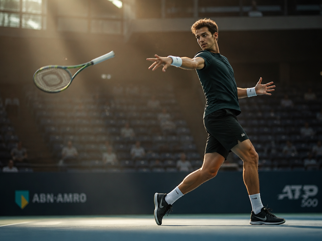 A professional sports photograph of a focused male tennis player mid-baseline groundstroke follow-through on…