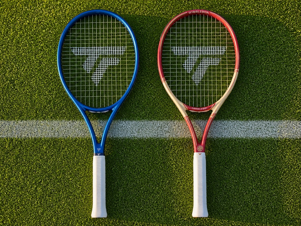 Ultra-detailed product photograph of two identical modern tennis racquets lying side by side on…