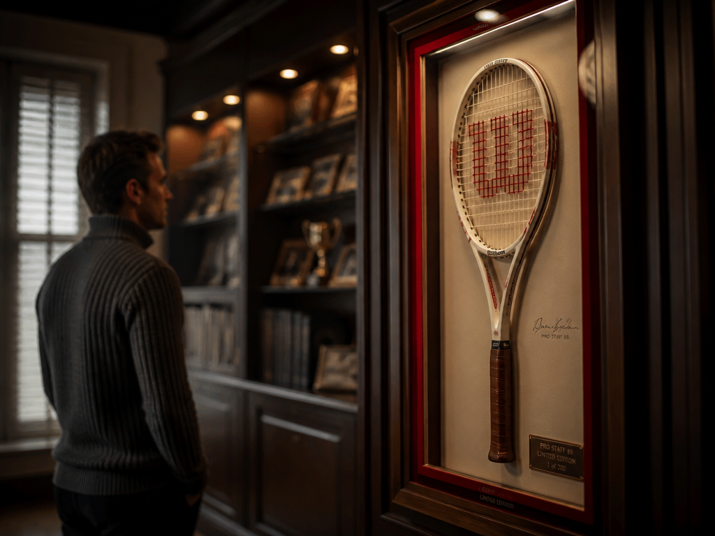 Moody interior photograph of a collector's climate-controlled study: a pristine cream-and-red special edition tennis…