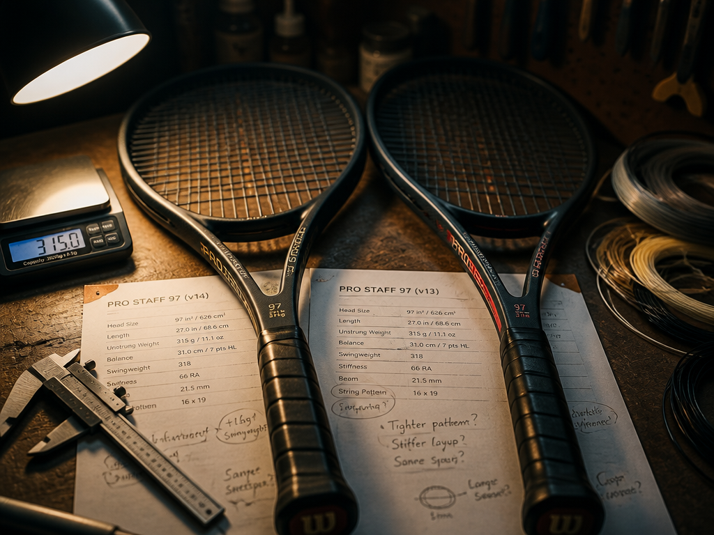 A moody editorial still-life photograph in a stringer's workshop: two nearly identical professional tennis…