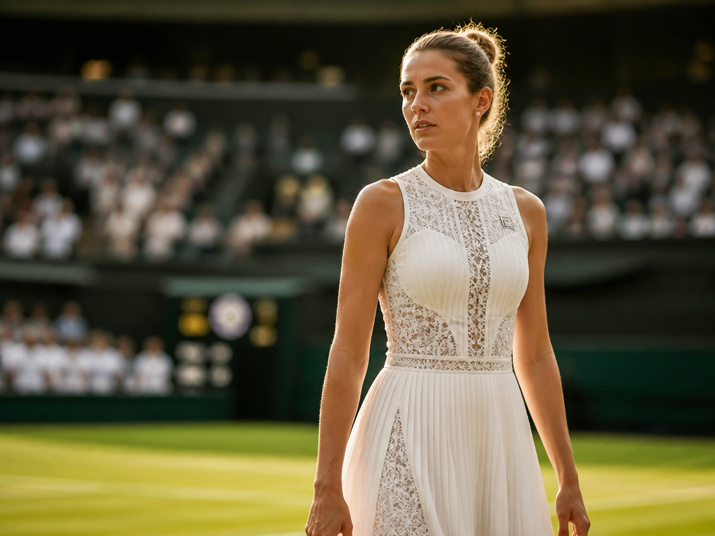 A professional female tennis player standing at the baseline of Wimbledon's Centre Court, wearing…