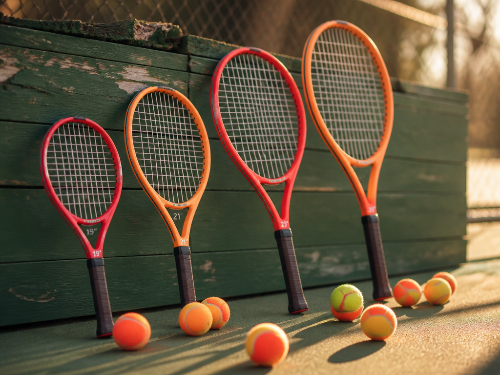 ["Photorealistic editorial product photograph of four junior tennis racquets arranged in ascending size order…
