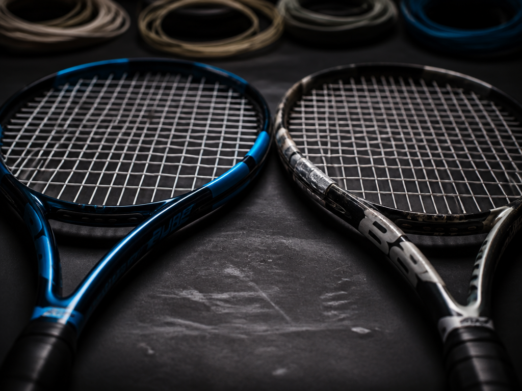 Close-up editorial photograph of two professional tennis racquets lying side by side on a…