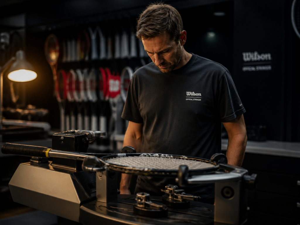 Photorealistic scene of a male tennis stringer standing behind a professional stringing machine in…