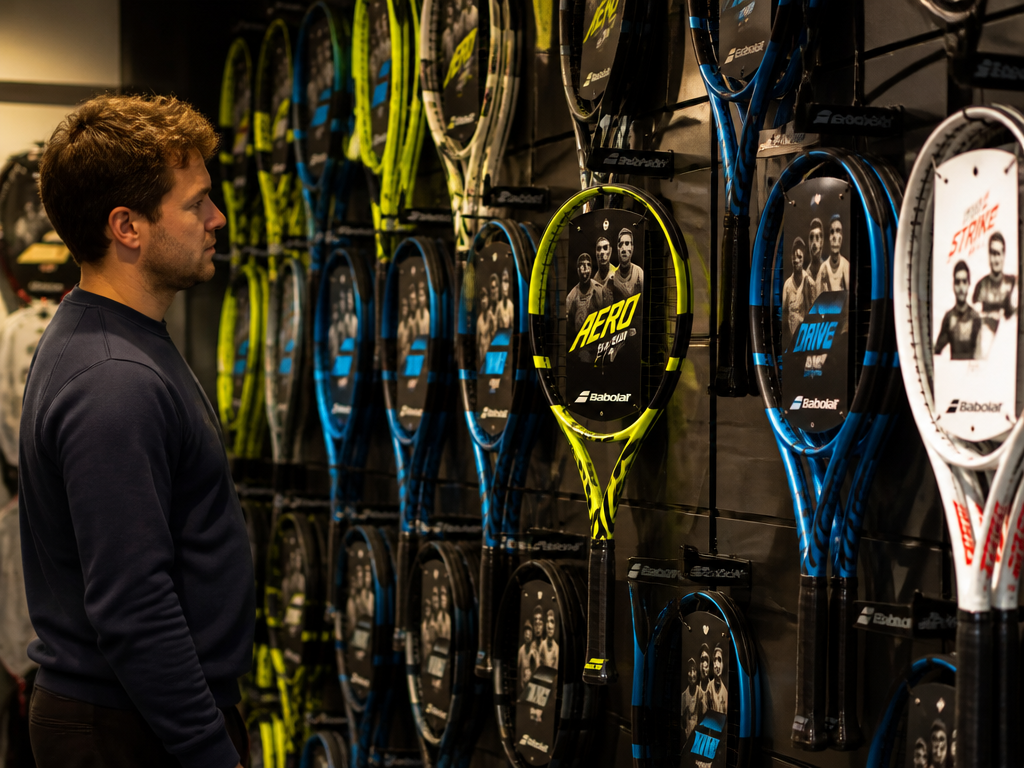 A pro tennis shop interior with a wall of Babolat racquets in vivid yellow…
