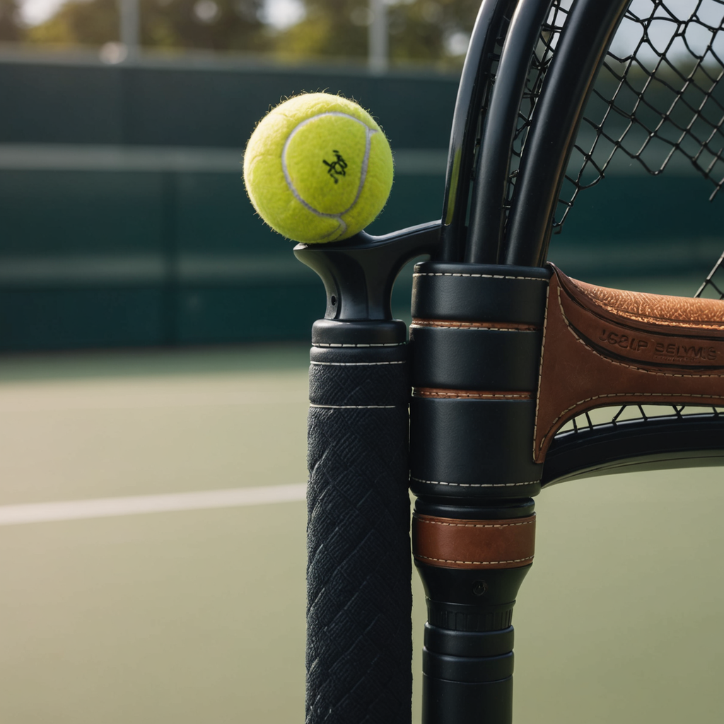 Tight macro photograph of a tennis racquet handle held vertically against a clean, blurred…