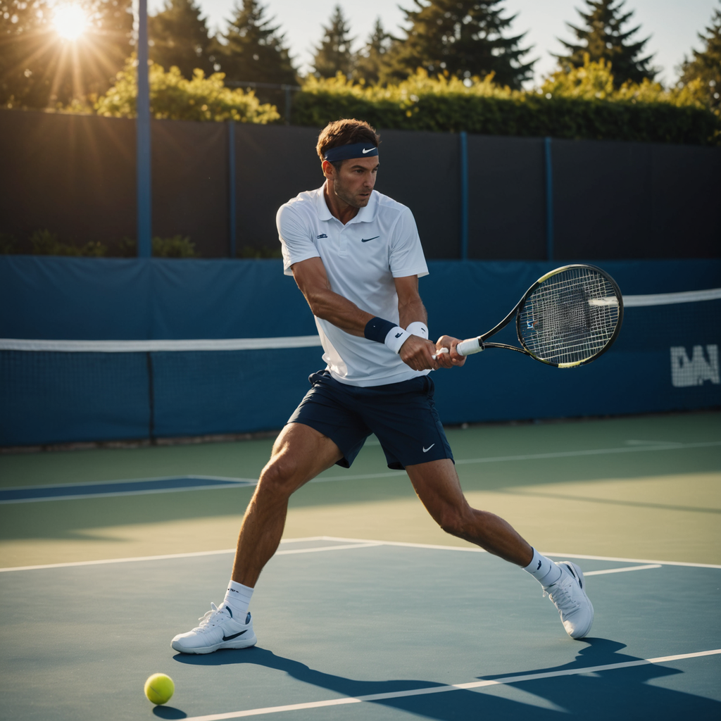 Wide low-angle action photograph of a tennis player mid-forehand swing on a medium-paced blue…