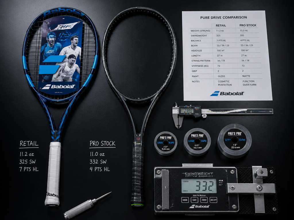 Overhead flat-lay photograph of a tennis equipment comparison scene: a retail racquet with pristine…