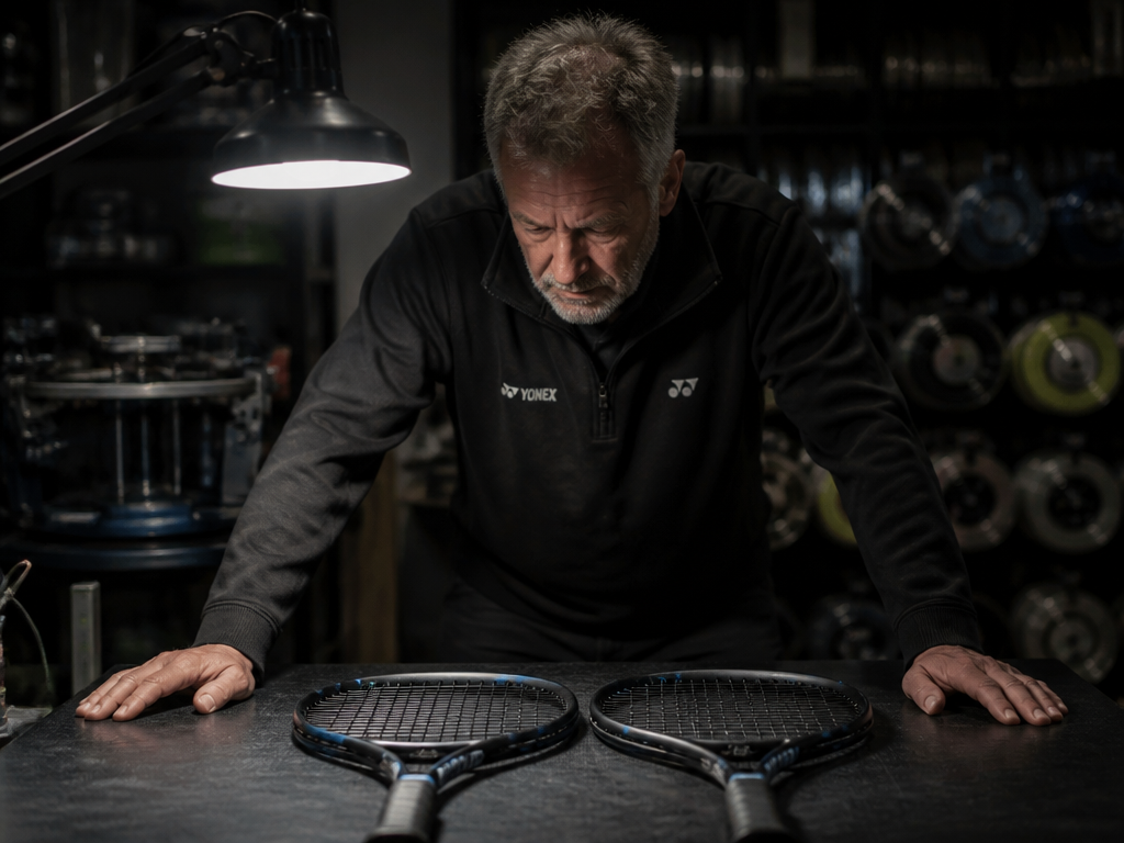 A veteran racquet technician in a dim tennis pro shop leaning over a workbench…