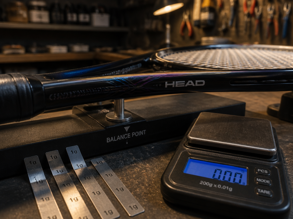 Close-up macro photograph of a professional tennis racquet resting on a stringer's balance board…