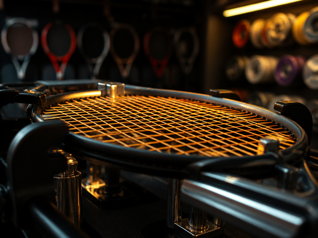 A close-up macro photograph of a professional tennis racquet clamped in a stringing machine…