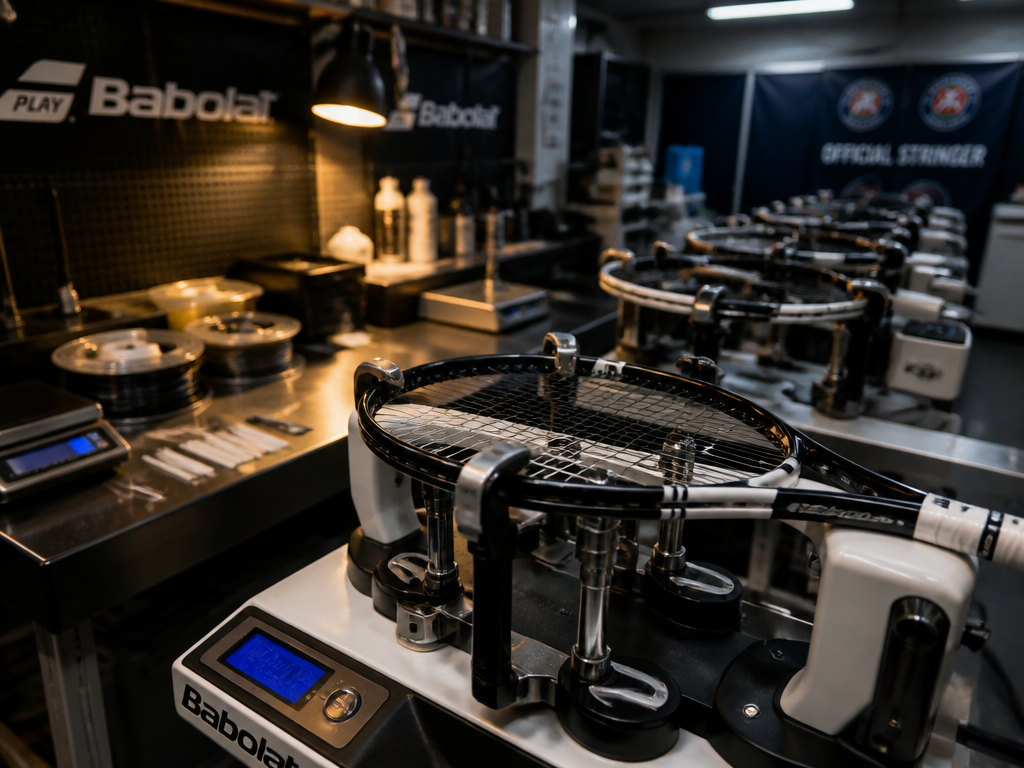 A professional tennis stringing room backstage at a tournament, shot with a 35mm lens…
