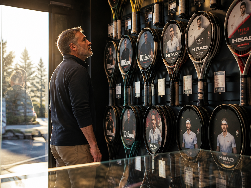 A photorealistic retail tennis shop scene captured at f/4 with soft window light from…