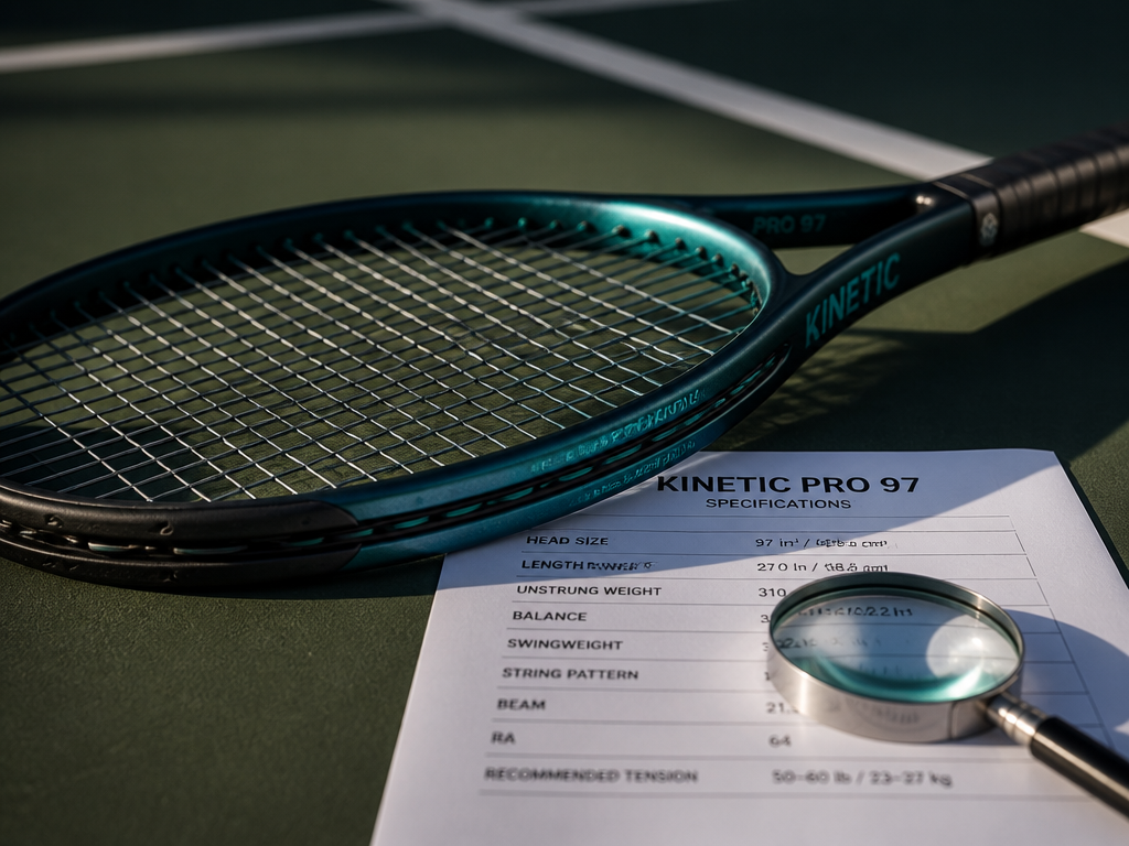 ["A photorealistic close-up product shot of a modern teal-and-black tennis racquet resting on a…