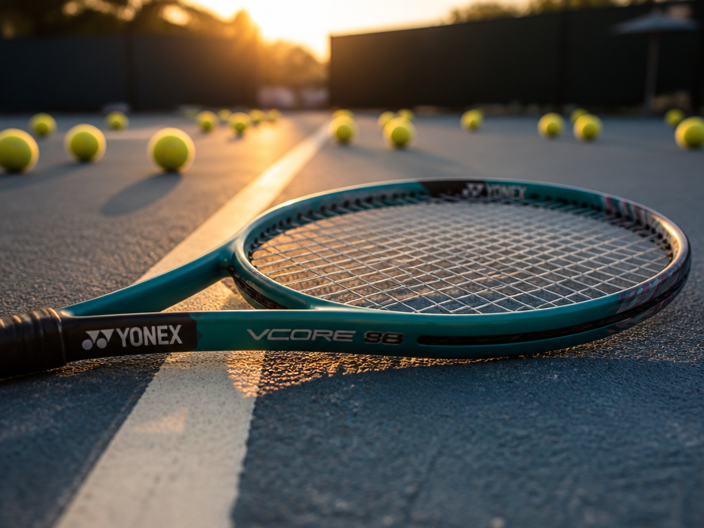 A photorealistic editorial product photograph of a Yonex VCORE 98 tennis racquet resting on…