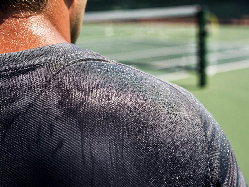 Photorealistic close-up macro photograph on an outdoor tennis court in harsh summer light: extreme…