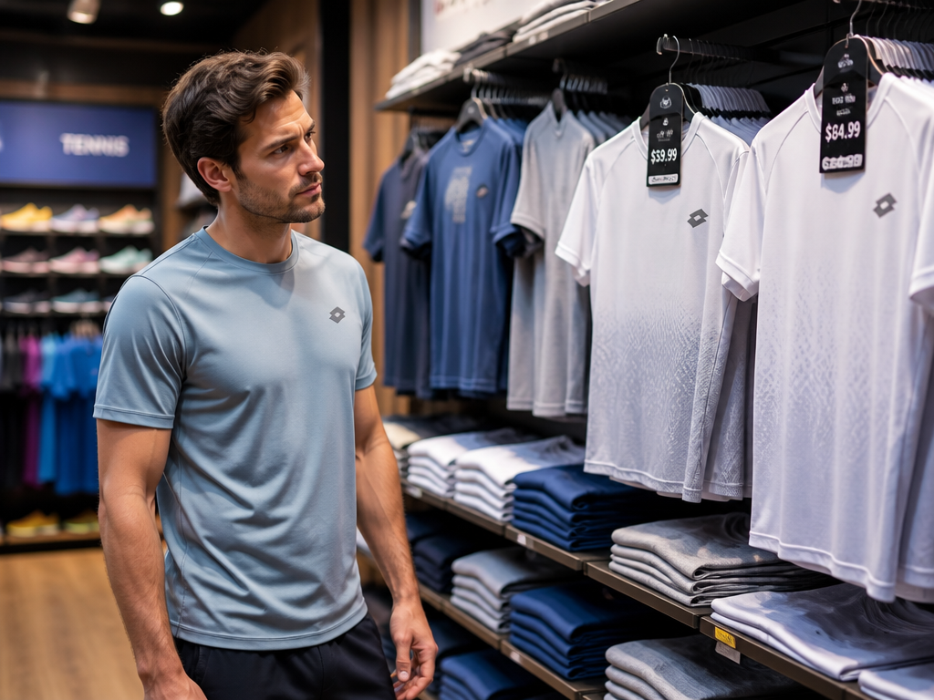 Photorealistic editorial photograph inside a bright sporting goods store: a male tennis player in…