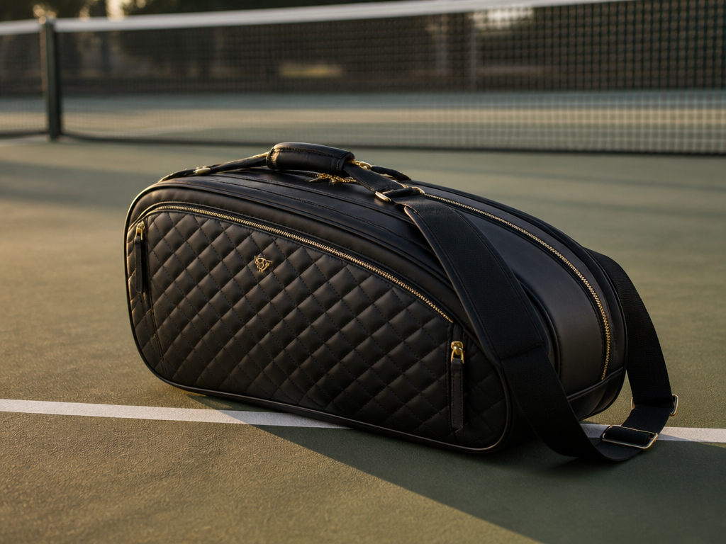 A premium black tennis bag with subtle gold-toned zippers and quilted synthetic leather panels…