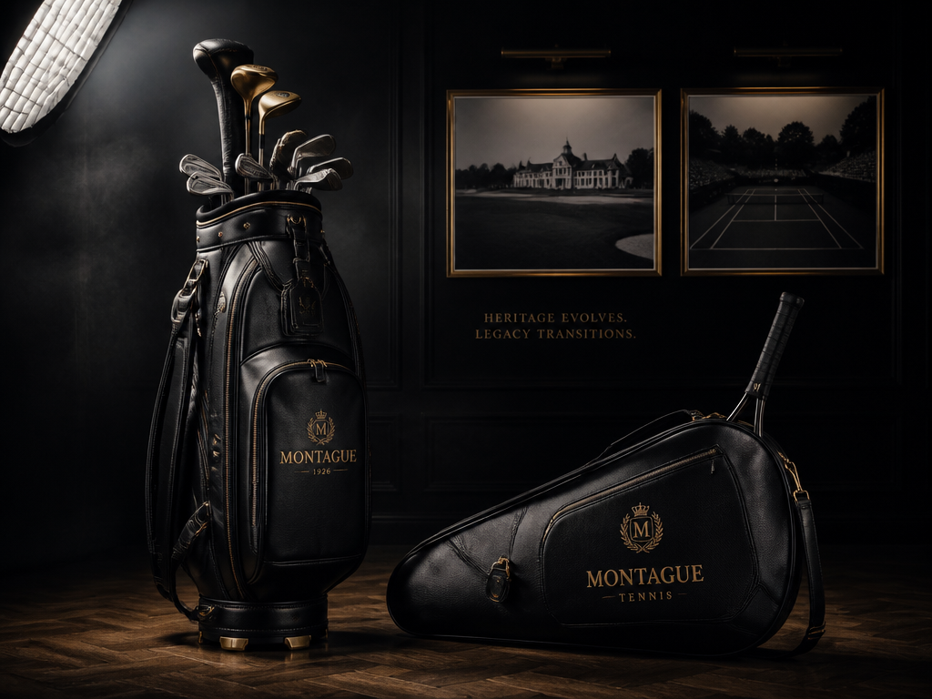 A split-scene still life in a moody studio setting: a luxury golf staff bag…
