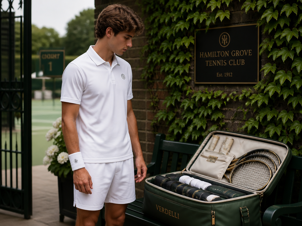 A young tennis player in crisp athletic whites standing at the entrance of an…